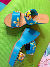 Pantolette Sandalen Damen Gr. 40,5 / 41 türkis Leder Keilabsatz NEU