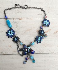 STRASS Halskette, Strasskette, Blüten, Strass, Perlenanhänger, Bettelkette blau 