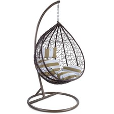 Luxus Hängesessel Miami XL Polyrattan mit Korb  Gestell braun Kissen Braun Weiss