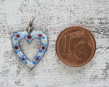 Vintage Emaille Anhänger Herz 1970er handbemalt blau grau Schmuck Geschenk süß