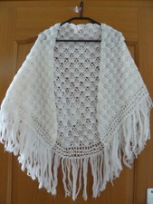 Schultertuch Stola Strickumhang mit Fransen Dreiecksschal weiß ungetragen