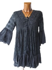 Spitzenkleid Kleid Tunika Spitze BLUMEN STICKEREI Volant 38 40 42 44 schwarz L