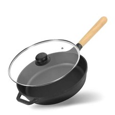 Ø28cm 61mm tiefe Gusseisenpfanne Gußeisenpfanne Holzgriff Pfanne mit Glasdecke
