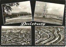 AK Duisburg - Merkator-Halle, Flaggenmast, Fabriken, Ruhrorter Häfen - von 1964