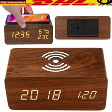 LED Digital Wecker aus Holz Tischuhr mit Thermometer Beleuchtung Schlummermodus
