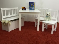 Kindersitzgruppe 1xKindertisch 2x Kinderstuhl 1xKindersitzbank Massivholz weiß
