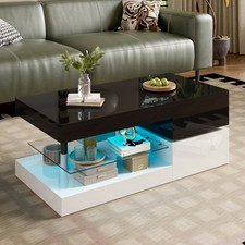 Couchtisch Schwarz Wohnzimmertisch Hochglanz mit LED Beleuchtung und Glasablage