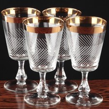 4 Kelchgläser Gläser Weingläser 13,4 cm Goldrand Linien Quer Vintage ReUse Glas
