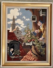 Stickbild Gobelin „ Im Dachstübchen“ nach Carl Spitzweg. Harndarbeit gerahmt.