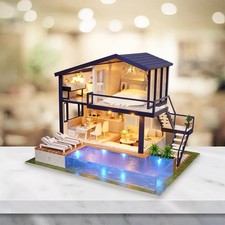 Miniatur Puppenhaus Bausatz, mit realistischem Möbelset, LED-Licht und