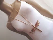 Damen Hals Kette lang Modekette Statement Gold Libelle Strass Lagenlook  Trend