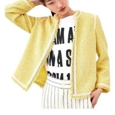 Zara Gelb Weiß Blazer Jacke M UK 14 12 Boucle Tweed Blogger Fransen Party