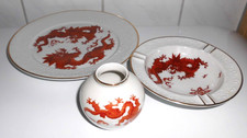 PGH Meißen DDR Roter Ming Drache 3tlg. Kuchenteller Aschenbecher Vase