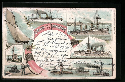 Lithographie kriegsschiffe sms - lithographie,