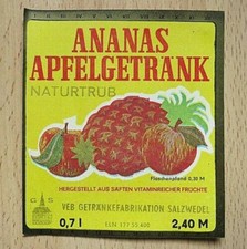 altes DDR Saft Etikett - VEB Getränke Fabrik Salzwedel - ANANAS APFEL Getränk