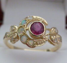 9ct Solid Gold Vintage Insp Ruby, Opal & Diamond Womens Moon Ring R25 Custom