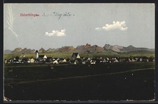 Unterthingau, Ortsansicht mit Kirche und Alpenpanorama, Ansichtskarte 