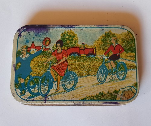 Blechdose alt mit fahrrad - blechdose,