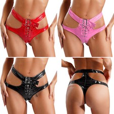 Damen Sexy Slip Höschen Unterhose mit Schnürung Lackleder Hipster Unterwäsche 