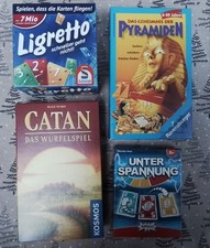 4  Spiele ab 6/7/8 Jahre, Ligretto, Unter Spannung, Pyramiden, Catan Würfelspiel