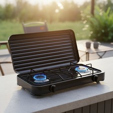 Gaskocher 2 flammig mit Deckel Camping Kochfeld Herd Outdoor Schwarz Metall