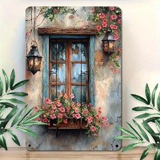Blechschild Fenster mit Blumen