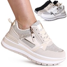 Damenschuhe Plateau Sneaker Glitzer Keil Turnschuhe Keilabsatz Halbschuhe Mesh