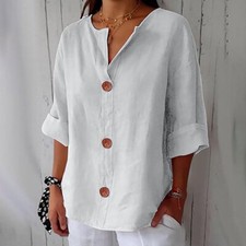 weiße Oversize Musselin Sommer Bluse 3/4 Ärmel Tunika V-Ausschnitt + Knöpfe 4XL