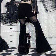 Gothic Punk Damen Samt Schlaghose Glocke Hose Netz Gespleißter Schwarz