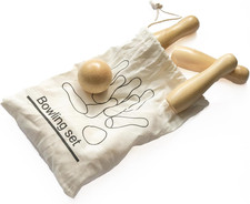 Mini Bowling Spiel mit 6 Holz Kegeln und Kugel im Baumwollbeutel Tischbowling