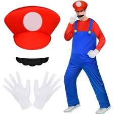 Aomig Mario Kostüm,Luigi Bros Cosplay mit Mütze Hose Bart Handschuhe, Mario u...