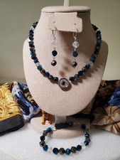 Halskette Collier Lava Tigerauge Bergkristall, Ohrringe Armband, festlich