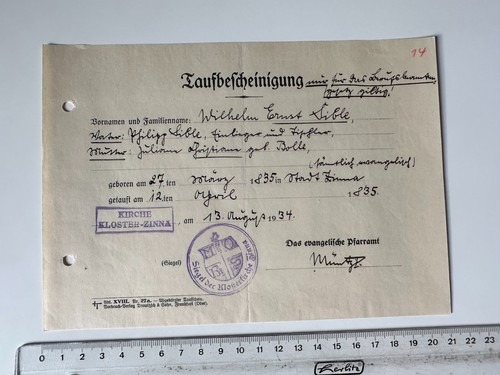 Taufbescheinigung 1935 kloster - taufbescheinigung,