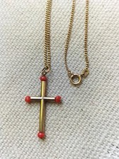 antikes Korallen Kreuz Anhänger mit Kette echt Gold 60 cm Panzer