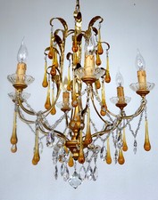 Wunderschöne Vergoldete Metall Murano Glastropfen Kronleuchter, Lüster 6 Flammig