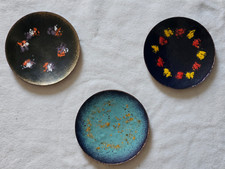 3 DDR Emaille Wandteller Ø15 cm Messing Mid-Century Kunsthandwerk Set