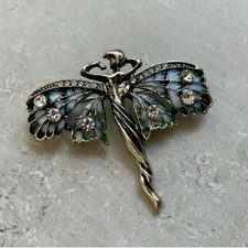 Vintage Brosche / Anhänger Art Nouveau Stil Jugendstil Fee Nymphe Schmetterling 