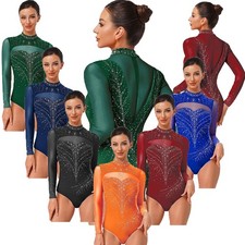 DE Damen Turnanzug Langarm Gymnastik Leotard mit Strass Ballett Ballettkleidung 