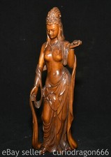 9.8" Alte chinesische Schnitzen Buchsbaum Holz Guan Yin Göttin Statue Skulptur