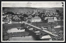 Trier, Teilansicht und Brücke mit Strassenbahn, Ansichtskarte 1933 