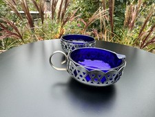 Silber Kobaltblau Set, Chrom mit Glaseinsatz Schale, Zucker und Milchtopf
