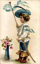 Ak Junge mit Fahne, Blumenstrauß, Blumenvase - 11336394