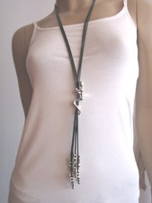 Damen Halskette Modekette Bettelkette Band lang Silber Schwarz Wirbelwind Charms