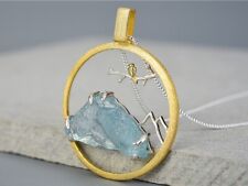 D15 Anhänger Vogel in Landschaft Berg aus Aquamarin 925 Sterlingsilber vergoldet