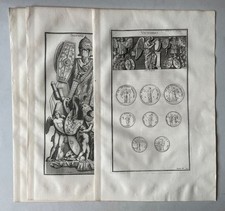 Siege Trophäen 3 Kupferstiche Montfaucon Antike röm. Rüstung Schilde Relief 1722