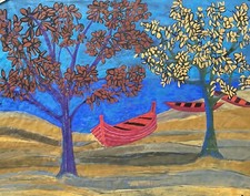 Karl-Heinz Grünewald Boote am herbstlichem Ufer Expressiv Tempera 48,5 x 63 cm