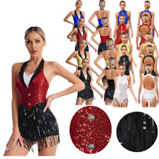 DE iEFiEL Damen Latein Glitzernde Pailletten Fransen Tanz Jumpsuit Tanzkleid