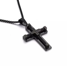HERREN KREUZ ANHÄNGER MASSIV EDELSTAHL RELIGIÖS SCHWARZ MIT EDELSTAHL KETTE