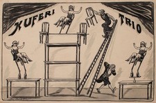 Karl Bartl Artisten Kuferi Trio Humor signiert Unikat Tusche Zeichnung 20 Jhd