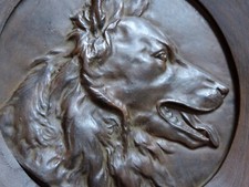 ALTES BRONZE RELIEF HUND SCHÄFERHUND RAHMEN EICHE ANTIK